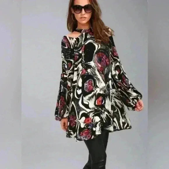Free People Womens Drift Away Black Print Cold Shoulder Tunic Dress/ Top S - Picture 3 of 15